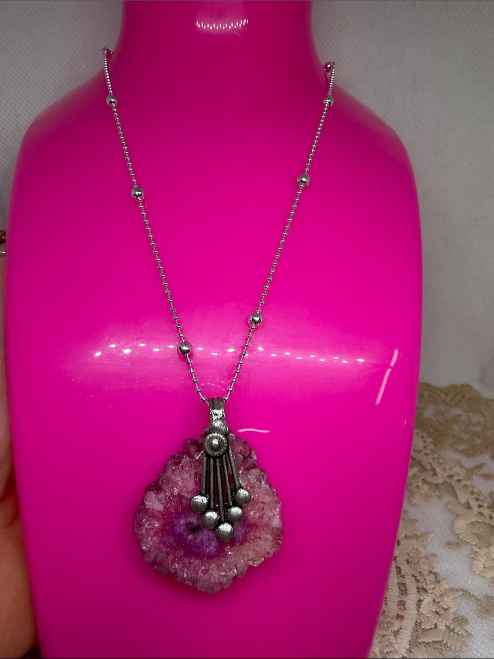 Natural Pink Geode Slice Necklace | Sterling Silver Dopamine Jewelry Romantic